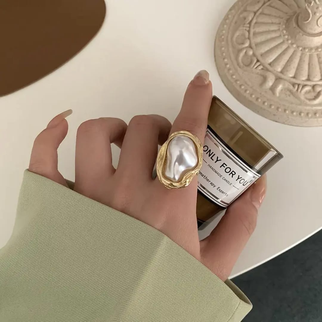 Yu Fashions Big Melted Irregular Twisted Geometric Boho Adjustable Metallic Pearl Vintage Classy Korean Ring
