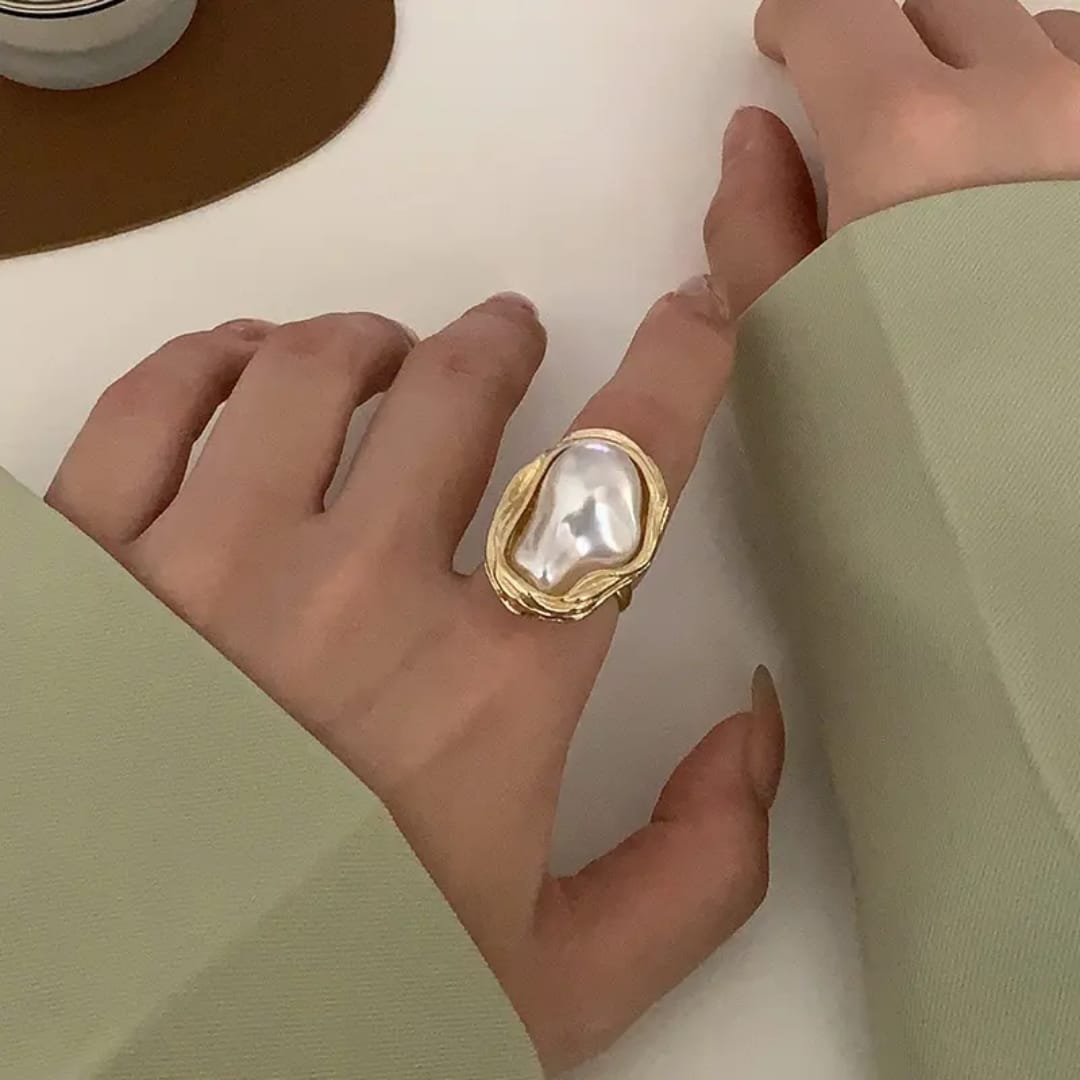 Yu Fashions Big Melted Irregular Twisted Geometric Boho Adjustable Metallic Pearl Vintage Classy Korean Ring