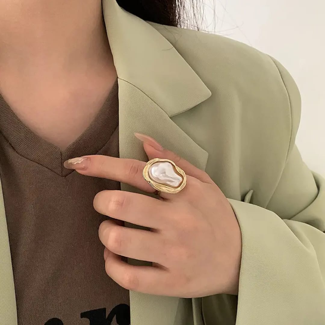 Yu Fashions Big Melted Irregular Twisted Geometric Boho Adjustable Metallic Pearl Vintage Classy Korean Ring