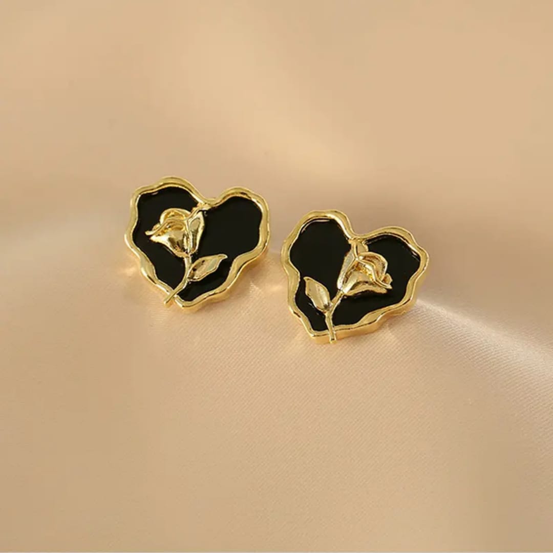 Yu Fashions Black Heart Rose Flower Enemalled High Fashion Korean earrings