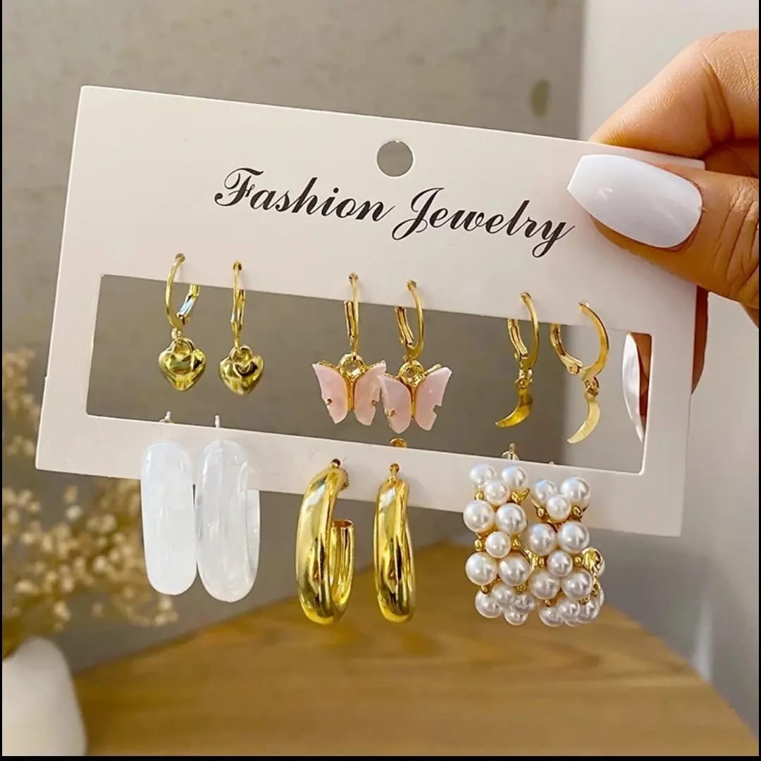 Stylish Pearl Moon Star Heart Golden White Acrylic Hoop Earrings Set of 6 Pair For Women