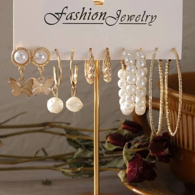 Stylish golden Hoops Pearl Butterfly drop Stud Earrings Set of 5 Pairs For Women