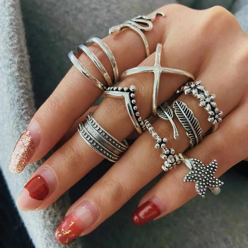 Yu Fashions Snake Leaf Bohemian Oxidized Silver Ring Set of 9