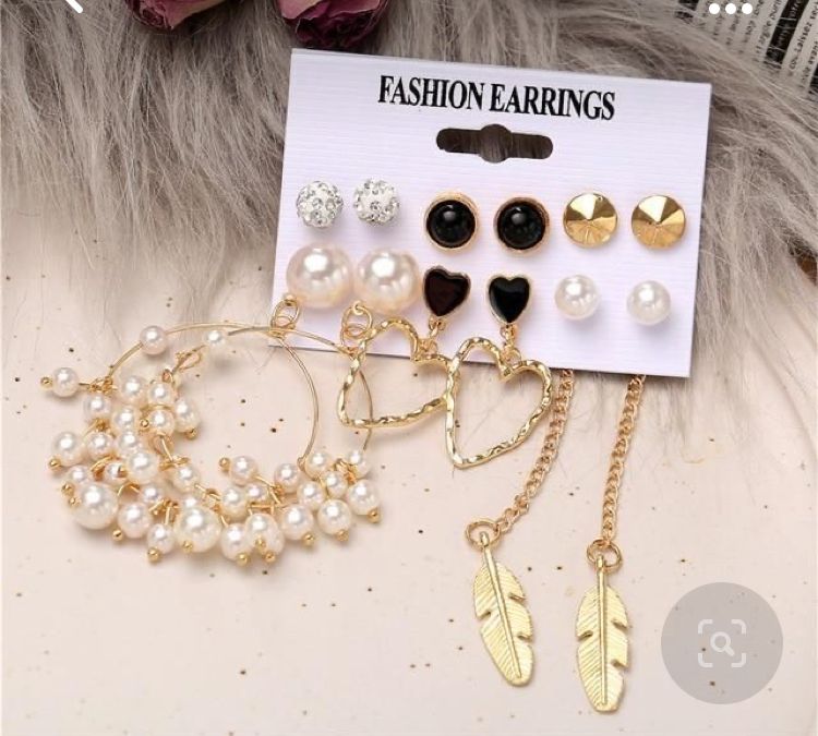 Stylish Paerl Hoop Heart golden Leaf Tassel Stud Earrings Set of 6 Pairs For Women
