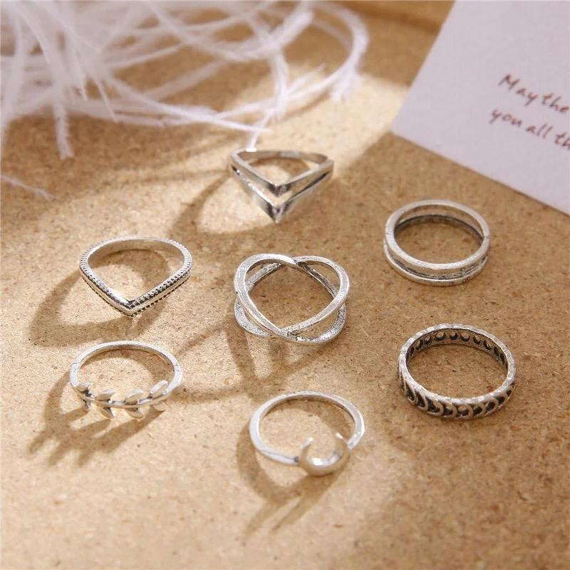 Yu Fashions Crescent Moon Silver Ring Set of 7