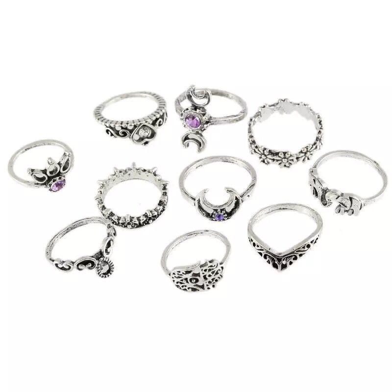Yu Fashions Purple Crescent Moon Flower Link Boho Korean Silver Ring Set of 10