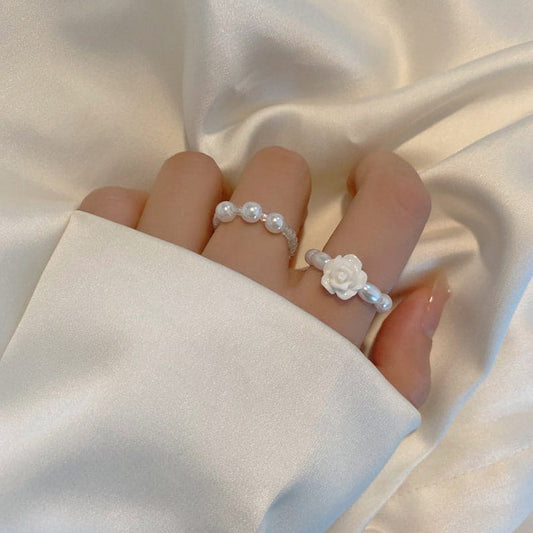 Yu Fashions Handmade White Beads Korean Ring set of 2