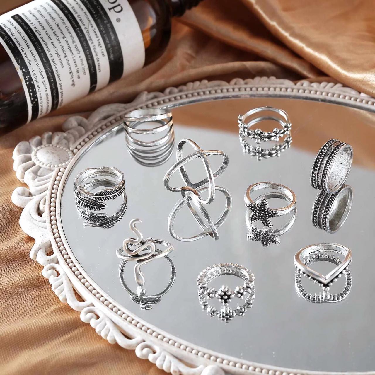 Yu Fashions Snake Leaf Bohemian Oxidized Silver Ring Set of 9