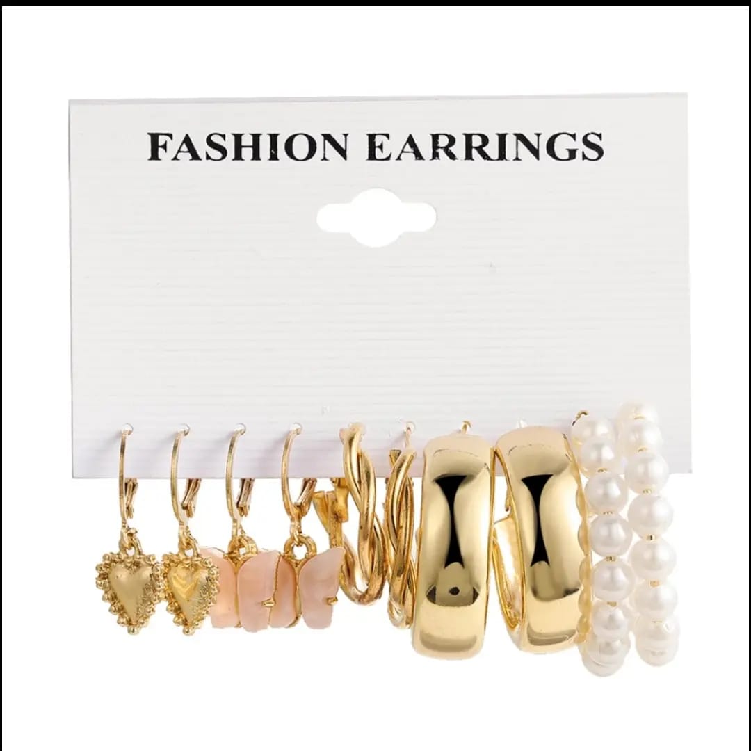 Stylish Trendy Cute Butterfly Golden Heart Pearl Hoop Earrings Set of 5 Pairs For Women