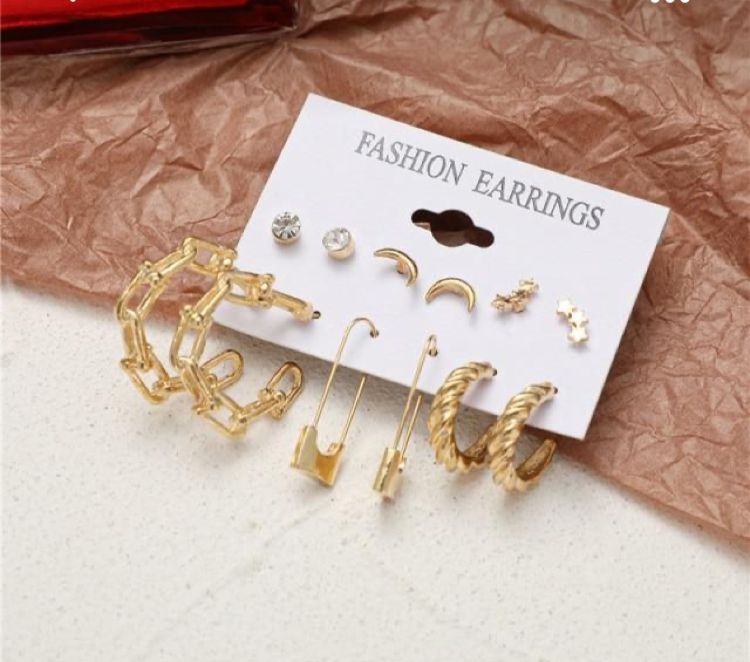 Stylish Golden Star Geometrical Safety Pin Hoop Earrings Set of 6 Pairs For Women