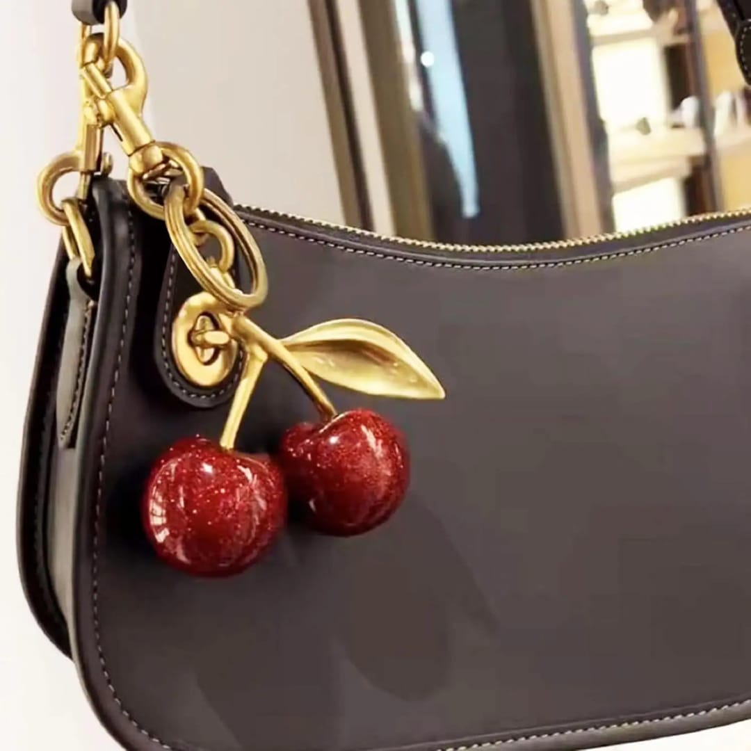 YU Fashions Luxe Cherry KeyChain Pop Bag Charm | Glitter Red Cherries with Golden Leaf | Cute Designer Purse Accessory