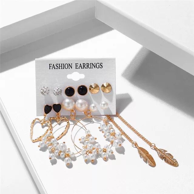 Stylish Paerl Hoop Heart golden Leaf Tassel Stud Earrings Set of 6 Pairs For Women