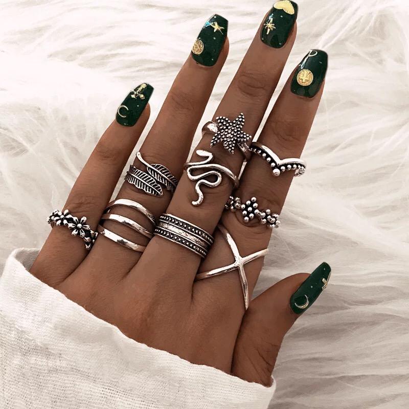 Yu Fashions Snake Leaf Bohemian Oxidized Silver Ring Set of 9