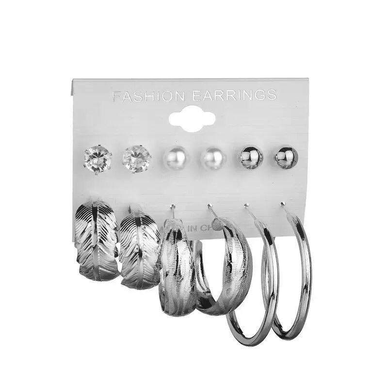 Yu Fashions Leaf Texture Golden Hoop Stud Korean Earrings Pair of 6