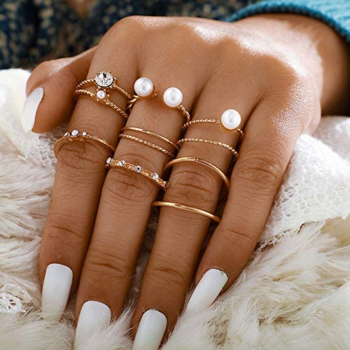 Yu Fashions Pearl Rhinestone Elegant ring Set of 8