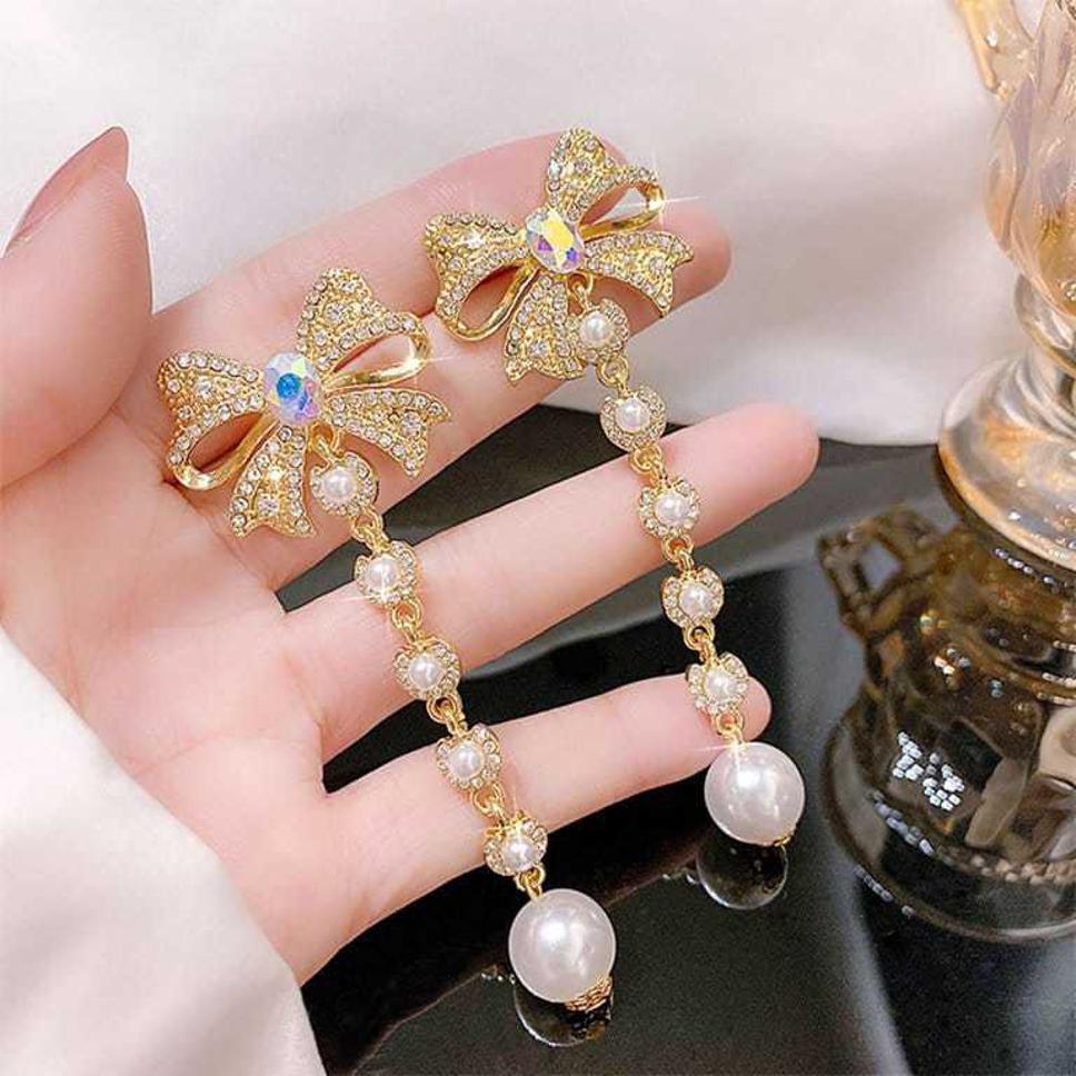 Yu Fashions Rhinestone Bow Knot Pearl Drop Trending Korean Earrings Pair