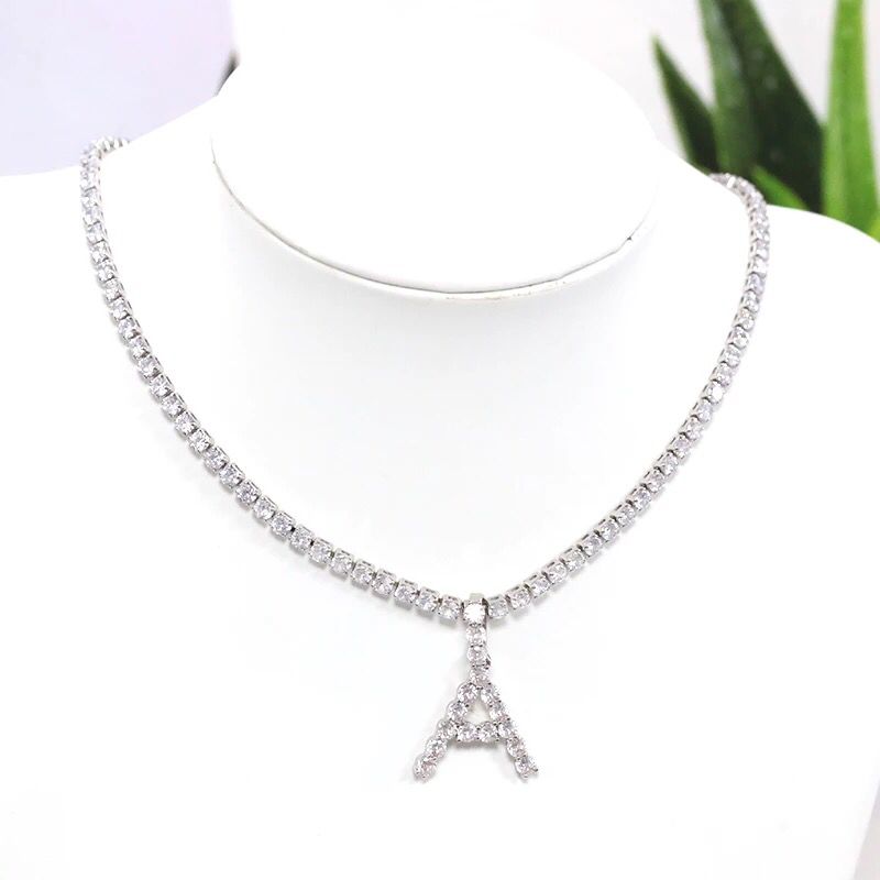 Yu Fashions Rhinestone Alphabet Name Initial Pendent Necklace Tennis Chain
