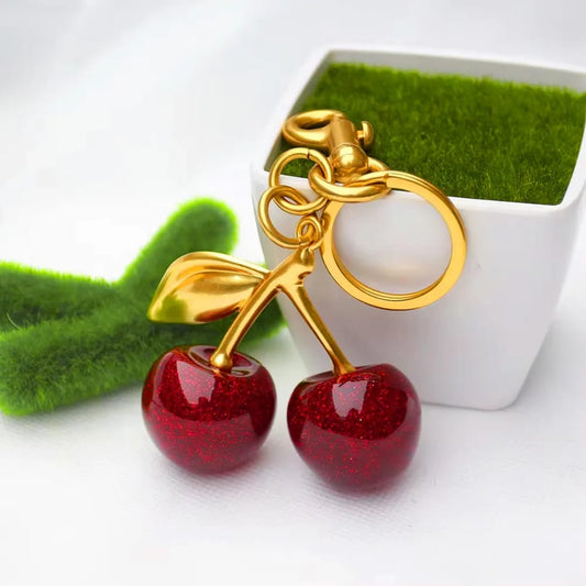 YU Fashions Luxe Cherry KeyChain Pop Bag Charm | Glitter Red Cherries with Golden Leaf | Cute Designer Purse Accessory