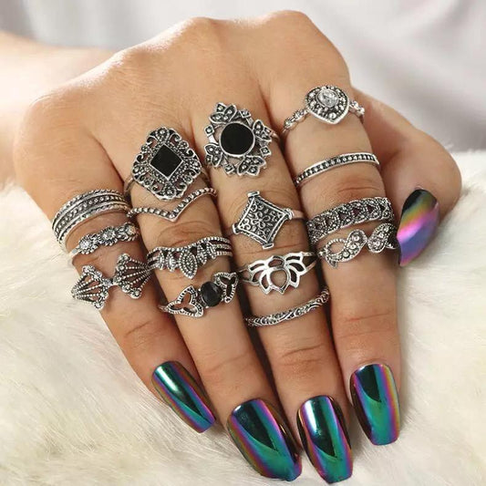 Yu Fashions Boho Black & Silver Boho Korean Ring Set of 15