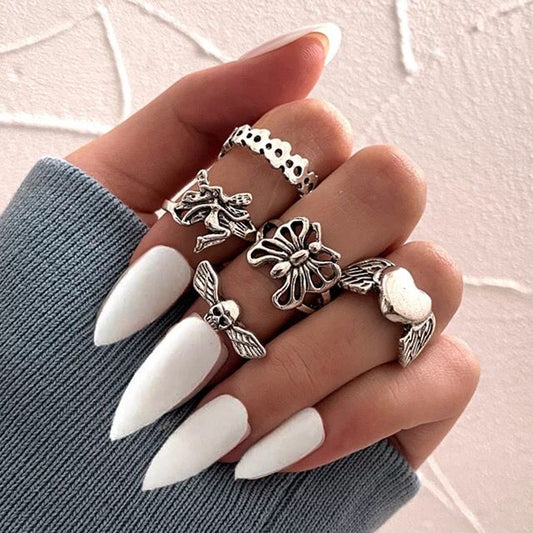 Yu Fashions Butterfly Heart Wing Fairy Skull Head Wing Ring Set of 5
