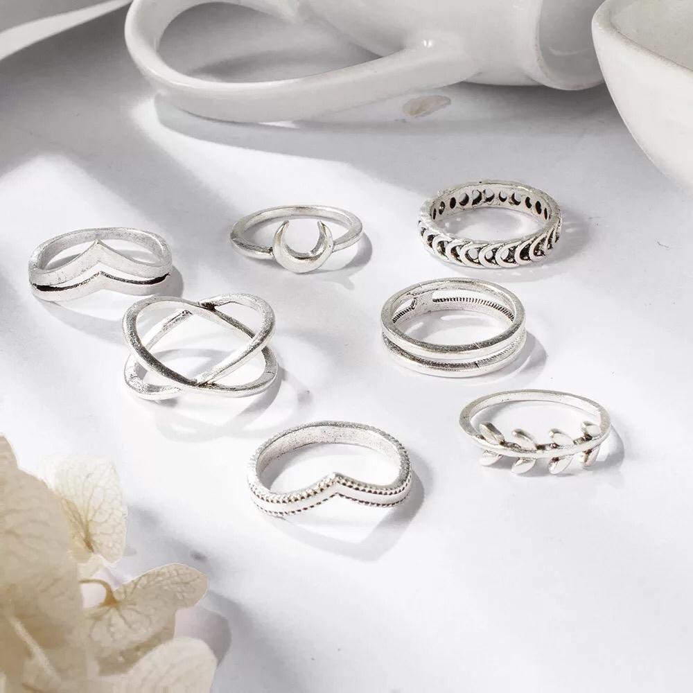 Yu Fashions Crescent Moon Silver Ring Set of 7