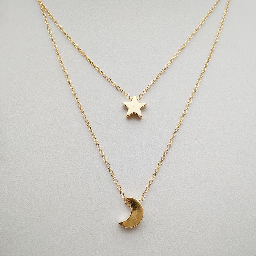 Yu Fashions Moon & Star Minimal Pendent 2 layered Necklace Chain