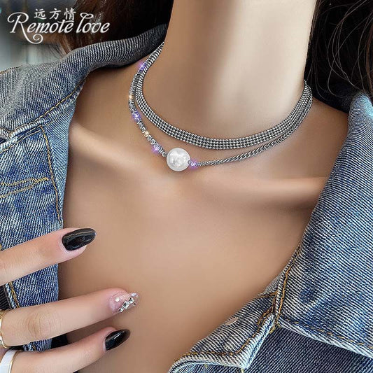 Yu Fashions Rhinestone 2 Layered Pearl Pendent Necklace Chain