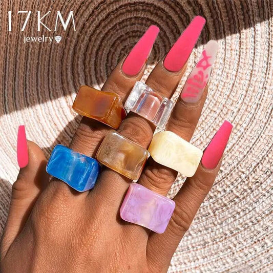 Yu Fashions Geometric Square Acrylic Resin Ring Set Girls Irregular Marble Pattern Colorful Transparent Ring for Men and Women