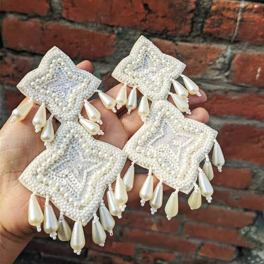 Yu Fashions Handmade Thread Embroidered Pearl Korean Earrings Pair