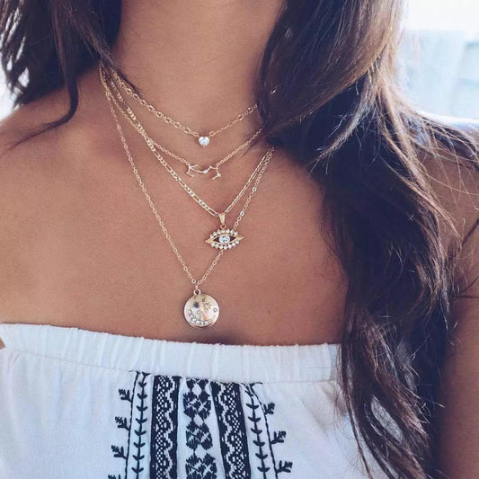 Yu Fashions Evil demon Devil Eye Circle Moon Star Multilayered Necklace Chain