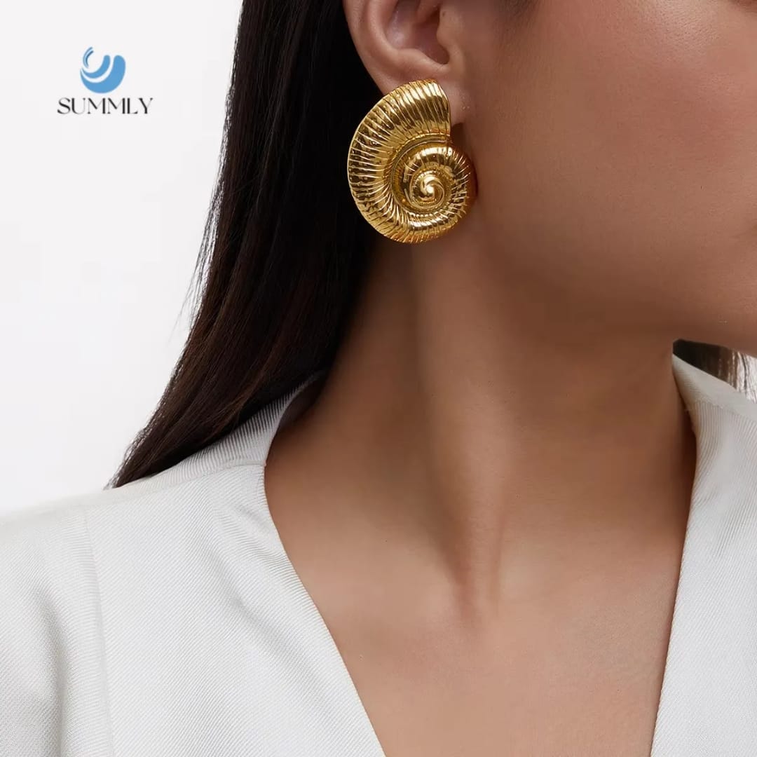 Yu Fashions Golden Ocean SeaShell Marine Beach Large Textured  Snail Geometric Korean Statement Earring