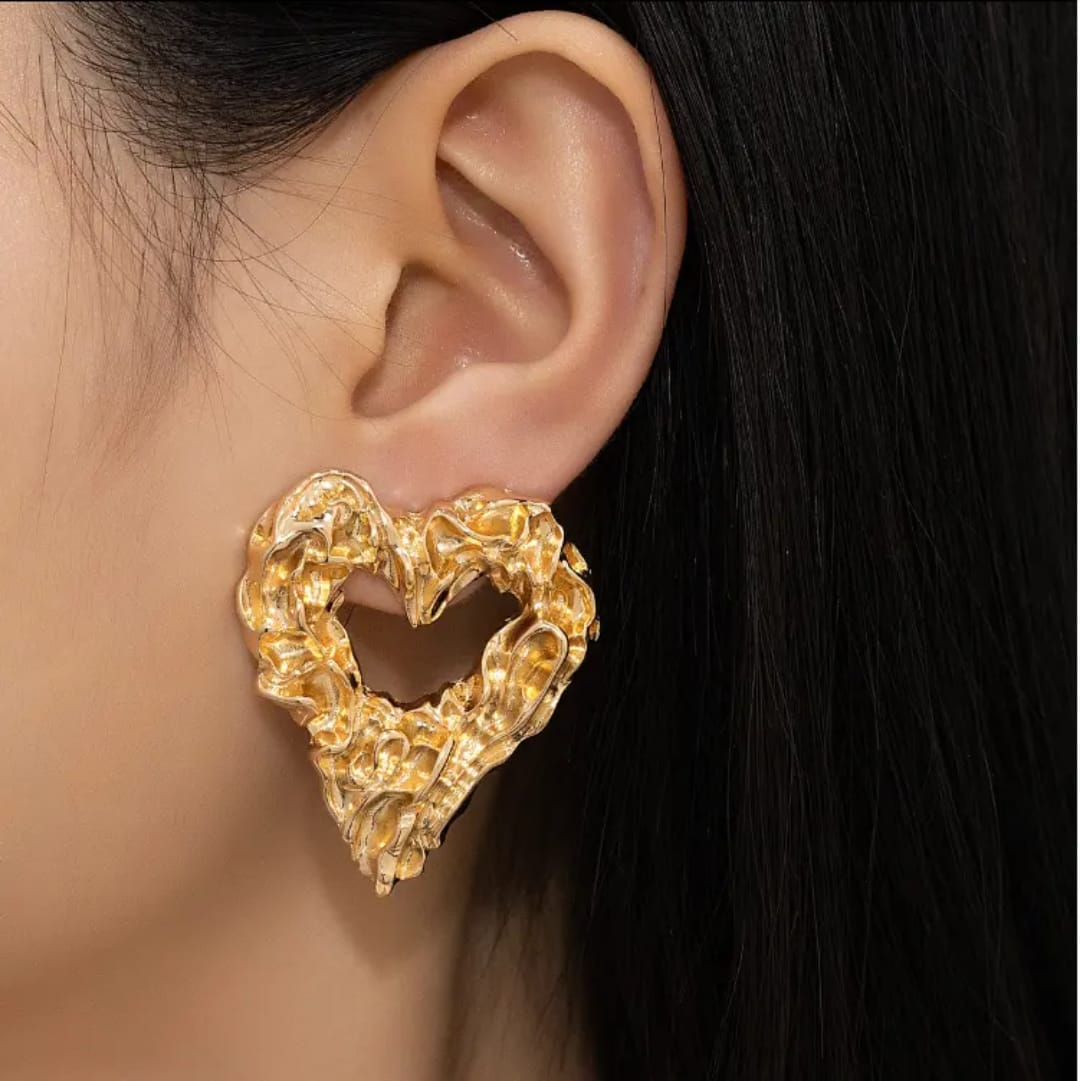 Yu Fashions Heart Melted Lava Texture Geometrical Water Resistant Golden High Fashion Korean Statement Earring