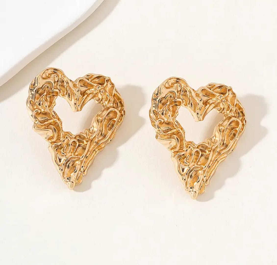 Yu Fashions Heart Melted Lava Texture Geometrical Water Resistant Golden High Fashion Korean Statement Earring