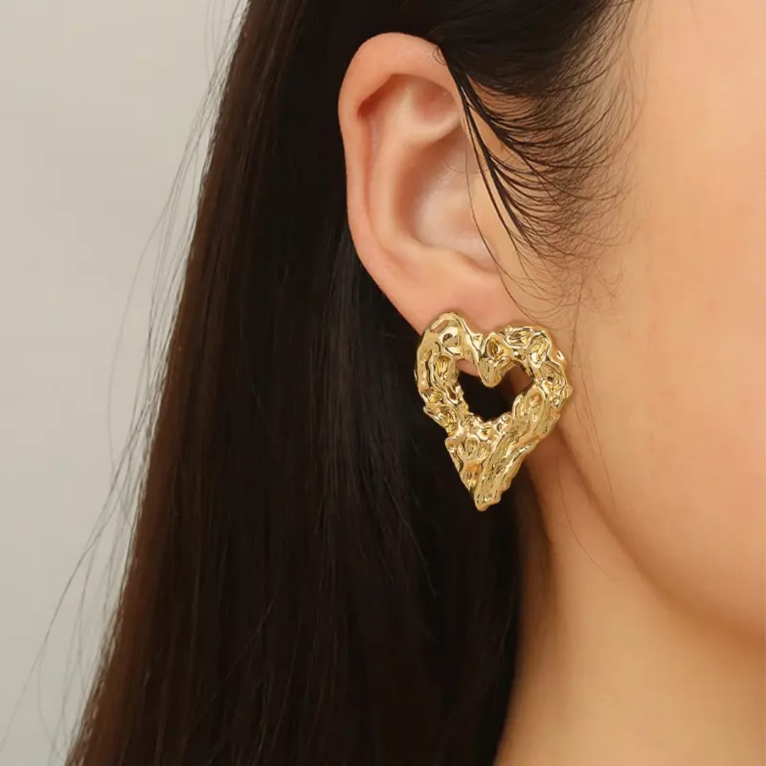 Yu Fashions Heart Melted Lava Texture Geometrical Water Resistant Golden High Fashion Korean Statement Earring