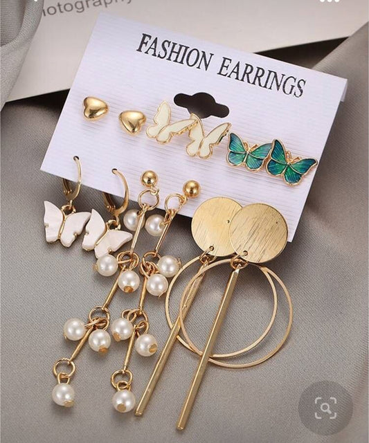 Stylish Green Golden Butterfly Geometrical White Earrings set of 6 Pairs For Women