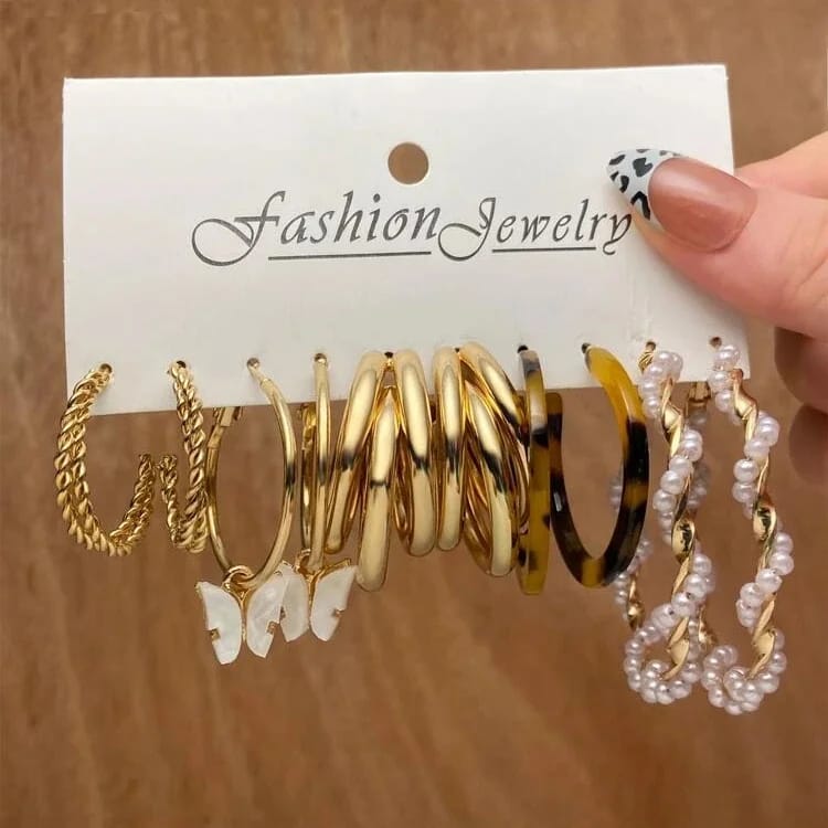 Stylish Animal Print Acrylic Golden Pearl Hoop Butterfly Earring Set of 5 Pairs For Women