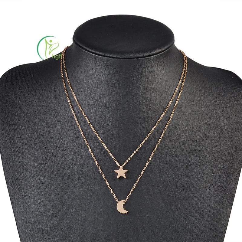 Yu Fashions Moon & Star Minimal Pendent 2 layered Necklace Chain