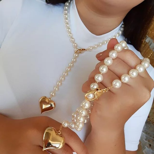 Yu Fashions Golden Heart Pendent Pearl Long Sweater Necklace Chain