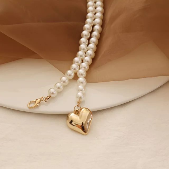 Yu Fashions Golden Heart Pendent Pearl Long Sweater Necklace Chain