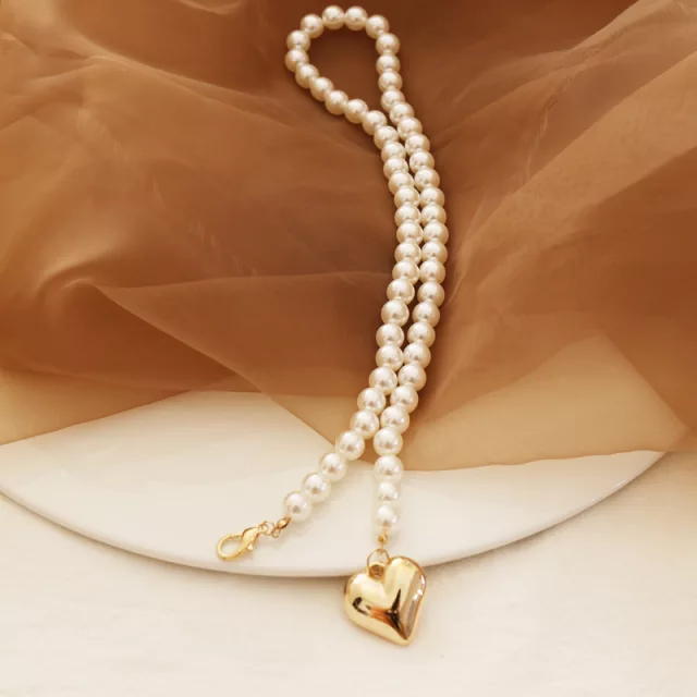 Yu Fashions Golden Heart Pendent Pearl Long Sweater Necklace Chain