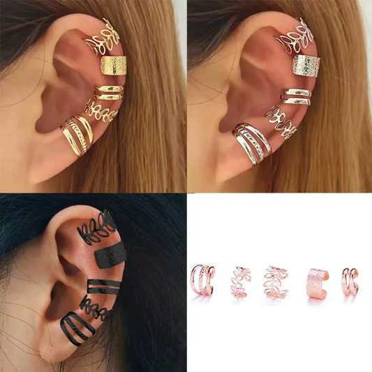 YU Fashions  Leaves  Non Piercing 5 piece of C - Shaped Earring  Hollow Multilayered Clip on Hoop Cartilage Ear clip Ear cuff