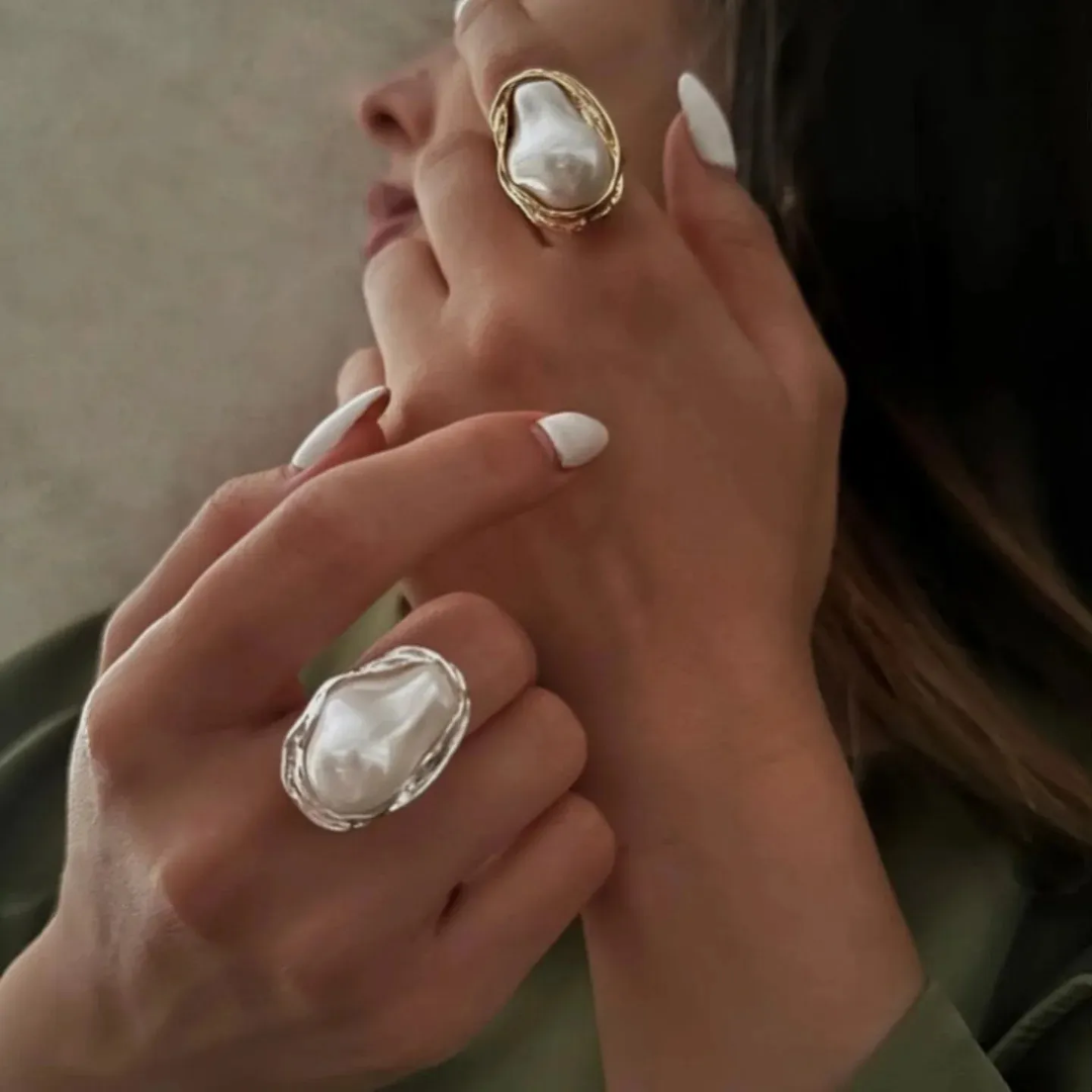 Yu Fashions Big Melted Irregular Twisted Geometric Boho Adjustable Metallic Pearl Vintage Classy Korean Ring
