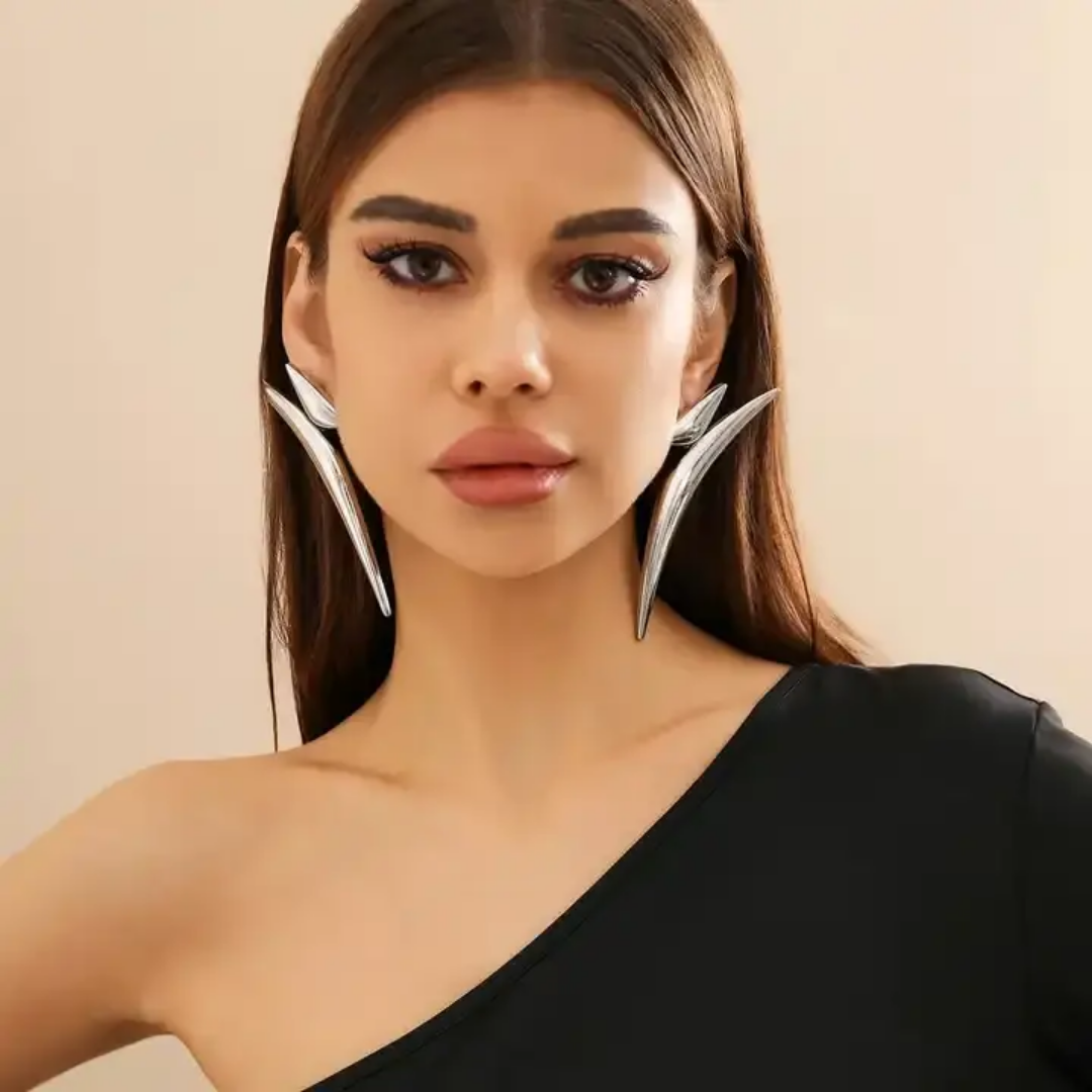 YU Fashions  Pointy Exaggerated Geometric Triangle Bend Large Wave Crescent Moon Big Statement Korean Earrings