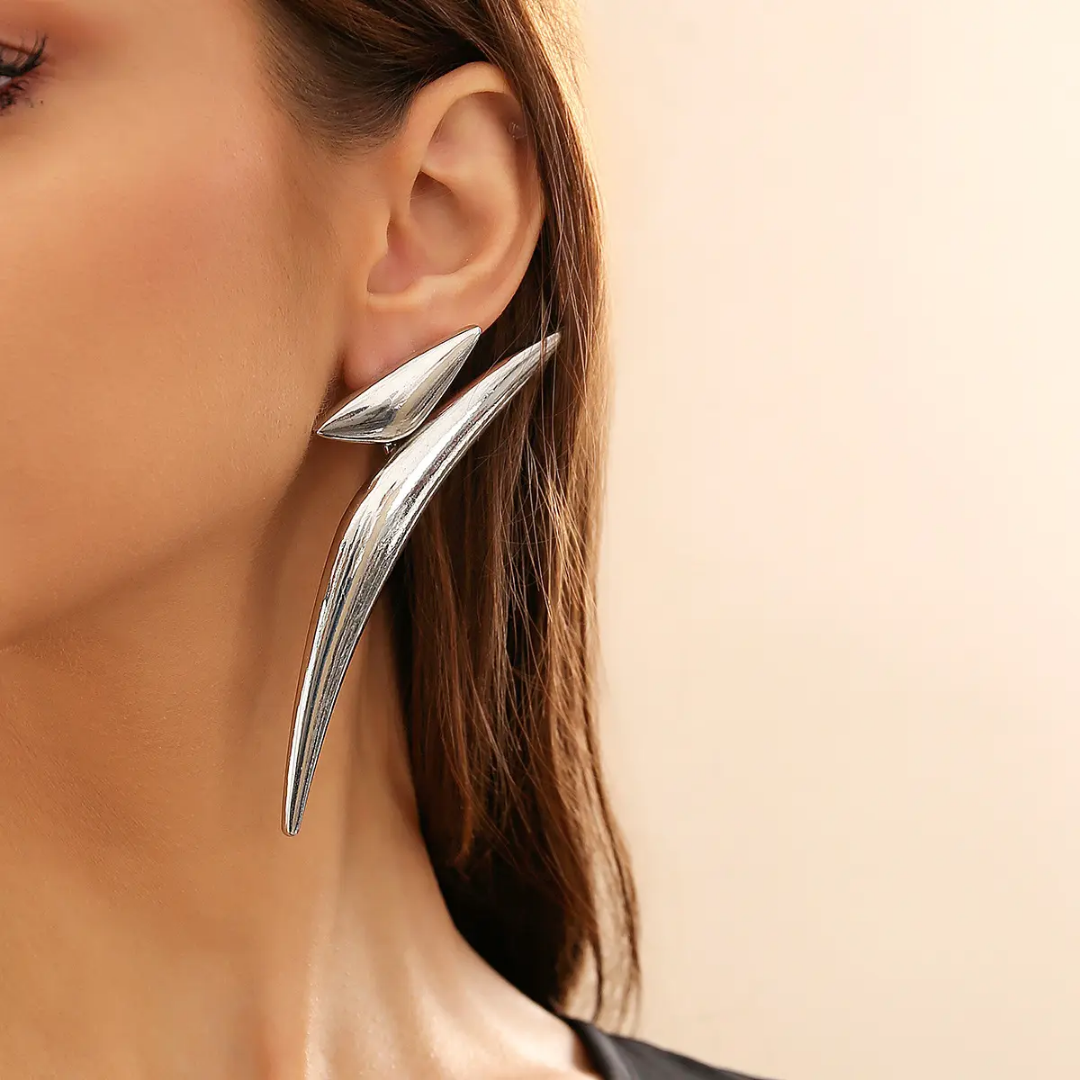 YU Fashions  Pointy Exaggerated Geometric Triangle Bend Large Wave Crescent Moon Big Statement Korean Earrings