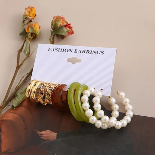 Stylish Green Brown Golden Paerl Hoop Earrings Set of 5 Pairs For Women