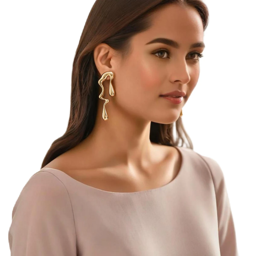 YU Fashions  Irregular Creative Liquid water drop Vintage Gold Geometric Long Metal exaggerated Fashionable Korean earrings Pair