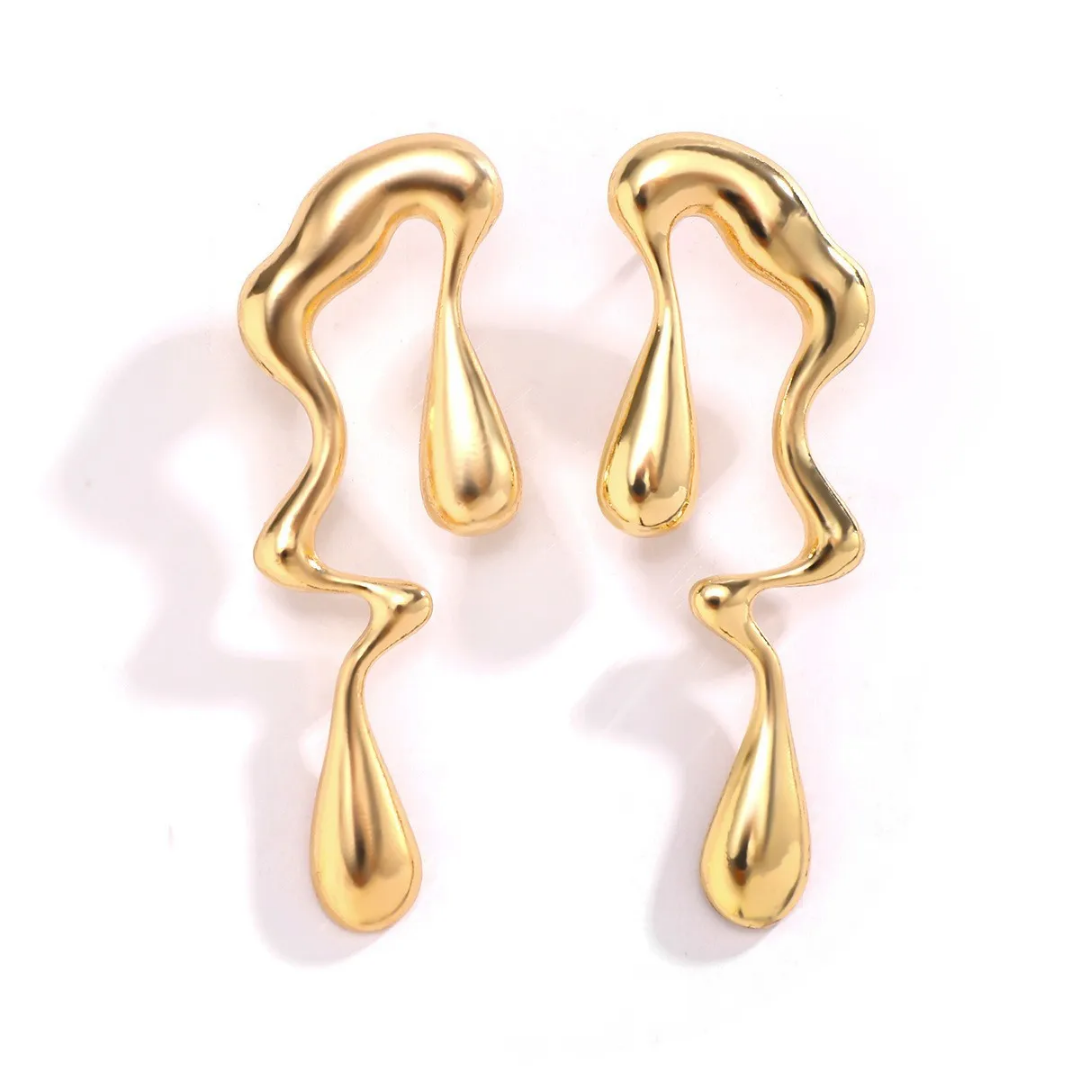 YU Fashions  Irregular Creative Liquid water drop Vintage Gold Geometric Long Metal exaggerated Fashionable Korean earrings Pair