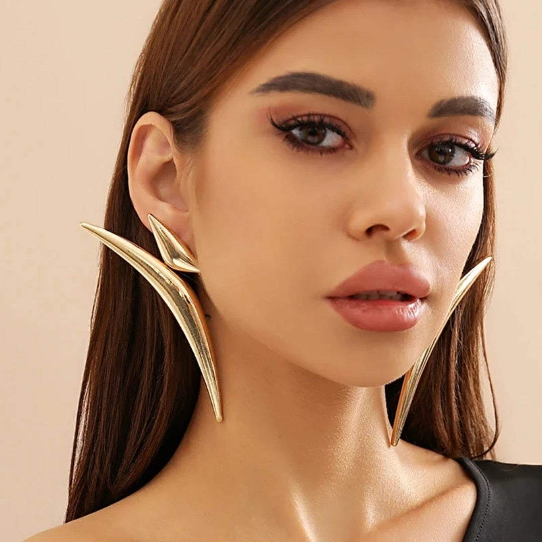 YU Fashions  Pointy Exaggerated Geometric Triangle Bend Large Wave Crescent Moon Big Statement Korean Earrings