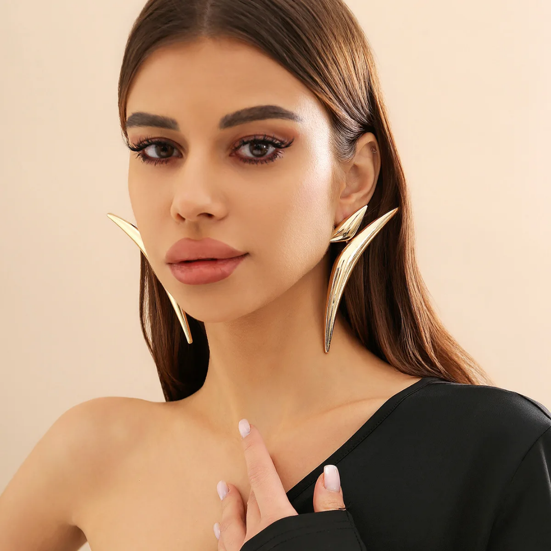 YU Fashions  Pointy Exaggerated Geometric Triangle Bend Large Wave Crescent Moon Big Statement Korean Earrings