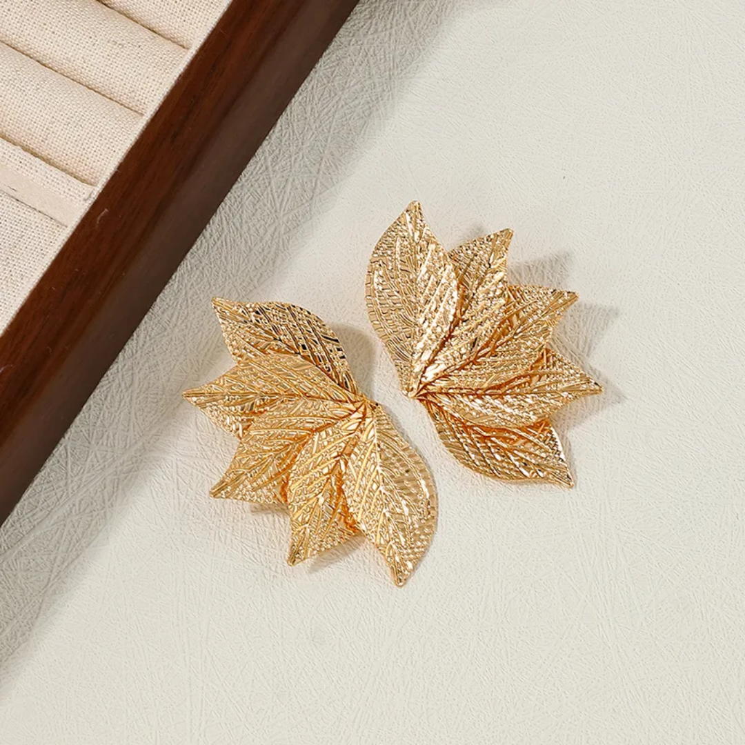 YU Fashions  Vintage Geometric Thick  Textured Five Leaf Multilayered Irregular Statement Korean Earrings Pair